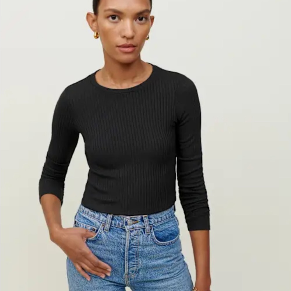 Reformation Jackie Black Ribbed Knit Long Sleeve Crop Top